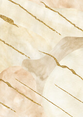 Watercolor hand drawn abstract beige background with gold strokes. Hand drawn clipart. Perfect for card, postcard, tags, invitation, printing, wrapping.