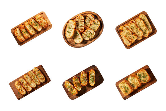 collection of top-view toasted garlic bread on wooden board isolated on a transparent background