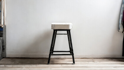 trendy stool with and build in storage side view white wall space