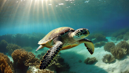 Naklejka na ściany i meble the turtle swimming in the under sea