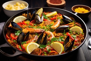 spanish paella skillet full of seafood and rice