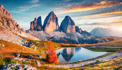 unbelievable autumn scene of tre cime di lavaredo national park majestic morning view of dolomite alps auronzo di cadore location sunrise in italy europe beauty of nature concept background - obrazy, fototapety, plakaty