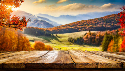 wood table in autumn landscape with empty copy space for product display