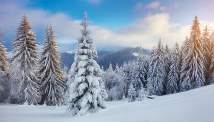 fabulous winter panorama of mountain forest with snow covered fir trees colorful outdoor scene happy new year celebration concept beauty of nature concept background