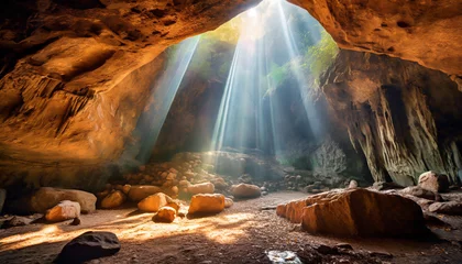 Tuinposter ai generated ai generative old deep cave under earth witn sun ray light from above graphic art © Nichole