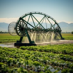 Fototapeta na wymiar The meticulous operation of a modern irrigation pivot is showcased in this close-up shot, watering crops effectively.