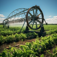 The foreground comes to life as crops receive vital water from a modern irrigation pivot in this detailed close-up shot.