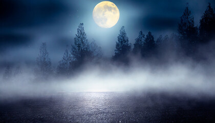 Fototapeta na wymiar fog in spooky forest at moon light on asphalt abstract bokeh generative ai
