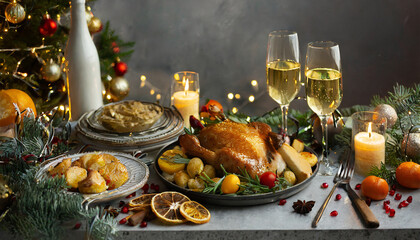 christmas evening dinner table with festive food and sparkling wine glasses holiday xmas concept