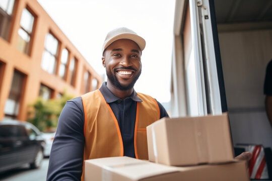 Mid adult courier in uniform carrying cardboard box, looking up, Smiling delivery man unloading truck, Portrait of Shipment service, postal worker holding customer order