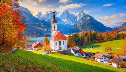 Fototapeta na wymiar iconic picture of bavaria with maria gern church with hochkalter peak on background sunny autumn scene of alps beautiful landscape of germany countryside beautiful autumn scenery