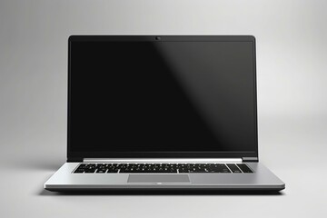 Front view of a contemporary laptop with a black screen, metallic silver body, isolate on a transparent background. Generative AI