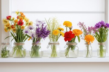 fresh spring flowers in glass jars on a white shelf