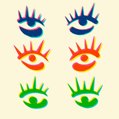 Hand drawn stylized doodle style layered eyes with eyelashes illustration, riso print effect. Stare, surprised, expressive look. Surreal or fashion, beauty, makeup design element. Comix, zin template.