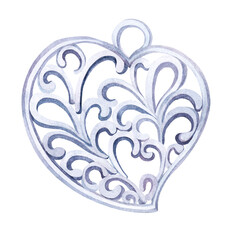 Watercolor silver pendant in the shape of a heart. Hand-drawn illustration. For design and cliparts. Isolated. for Valentine's Day or Mother's Day, birthday.