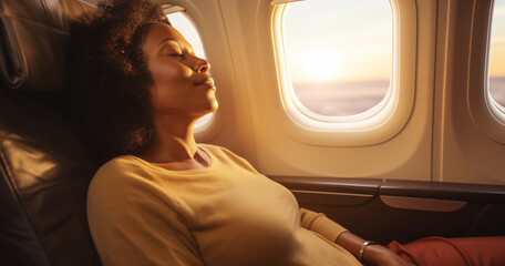 Lifestyle portrait of mature black woman passenger sleeping in window seat on airplane long haul flight
