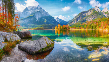 majestic autumn view of hintersee lake with hochkalter peak on background germany europe gorgeous morning view of bavarian alps beauty of nature concept background