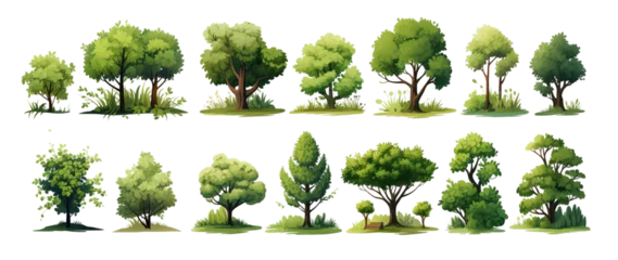 Foto op Canvas A collection of vector illustrations featuring bushes, trees, and grass set as clipart on a transparent background. © Vallabh soni