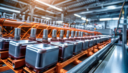 mass production assembly line of electric vehicle battery cells close up view - obrazy, fototapety, plakaty