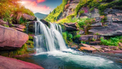 Fotobehang colorful summer view of vorota waterfall stunning morning scene of carpathian mountains ukraine europe beauty of nature concept background © Nichole