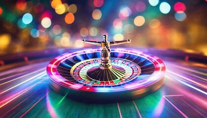 casino roulette spinning wheel neon blur background generative ai - obrazy, fototapety, plakaty