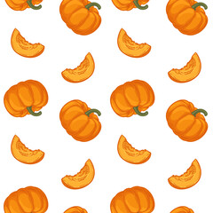 Seamless pattern with pumpkins. Vector illustration of pumpkin with slices.