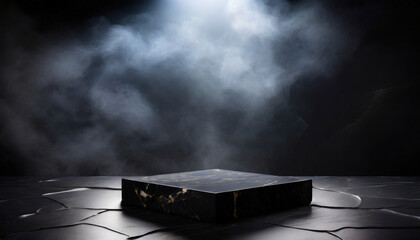 empty black marble table podium with black stone floor in dark room with smoke high quality photo