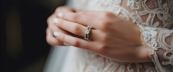 Obraz na płótnie Canvas Close-up of a dazzling diamond ring on a finger, symbolizing love and commitment. Encapsulating moments of romance, engagement, and elegance. Ideal for bridal and romantic themes.