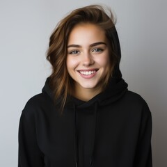 The happy girl is dressed in a black hoodie, radiating joy.