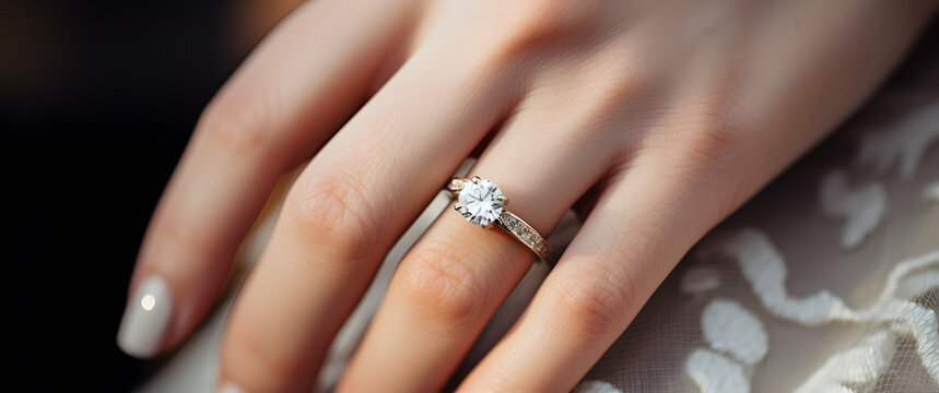 Close-up of a dazzling diamond ring on a finger, symbolizing love and commitment. Encapsulating moments of romance, engagement, and elegance. Ideal for bridal and romantic themes.