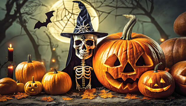 scary spooky halloween season monster skull and crossbones halloween witch with pumpkin halloween and october background