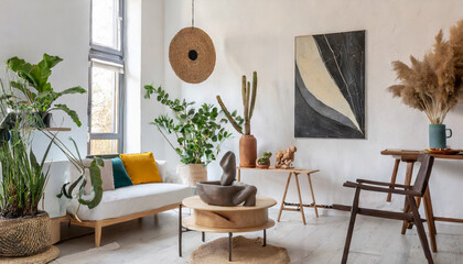 natural living room with white walls and sculptural accessories