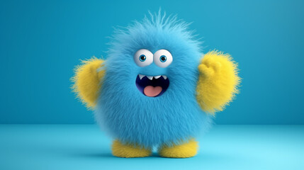 3d render blue hairy cartoon character fluffy toy isolated on blue background
