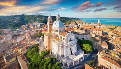 Poster bright summer view from flying drone of cattedrale di san ciriaco church and san gregorio illuminatore catholic church stunning morning cityscape of ancona town italy europe © Nichole