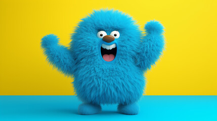 3d render blue hairy cartoon character fluffy toy isolated on yellow background. 