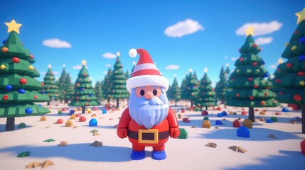 Fototapeta premium Old Santa Claus with red had and long beard standing in pixelated 8bit gaming graphics Christmas tree forest land filled with gifts and presents all around. 