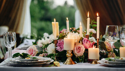 Obraz na płótnie Canvas lighted candles stand on the festive served dinner table generative ai