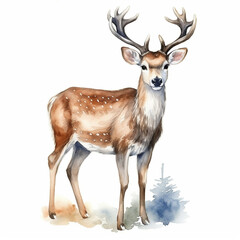 Watercolor Christmas deer on White Background for Winter or New Year Clipart