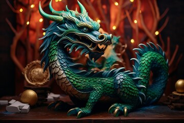 Fototapeta premium Year of the dragon, Chinese style New Year card. The fabulous green wooden dragon. A cute cartoon green dragon.