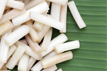 Fresh lotus rootlet on banana leaf.