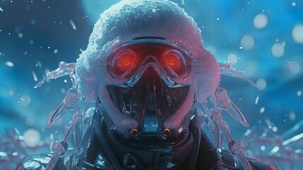 Futuristic explorer wearing a sci-fi helmet in a frozen landscape - obrazy, fototapety, plakaty