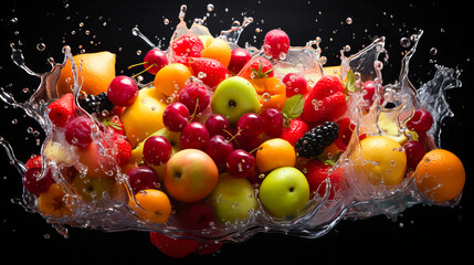Fresh fruits falling into water with splash on white background. Healthy food concept. Generative AI technology.
