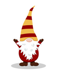 Cute funny gnome with your hands up. Vector cartoon illustration isolated on white.