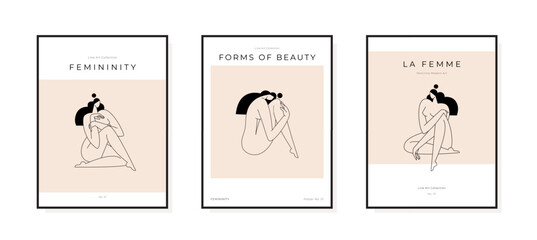 Mid century modern poster collection. Abstract female body, woman figure silhouette feminine trendy graphic. Contemporary beauty, Femininity concept, prints set for wall art decor. Vector illustration