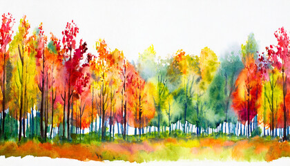 watercolor drawing long narrow panorama painting multi colored autumn forest on a white background...