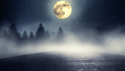 Naklejka na ściany i meble fog in spooky forest at moon light on asphalt abstract bokeh generative ai
