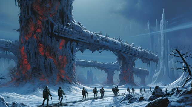 Sci-fi astronauts exploring an alien icy frozen wasteland