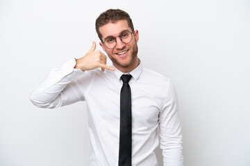 Young business caucasian man isolated on white background making phone gesture. Call me back sign