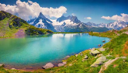 colorful summer panorama of the lac blanc lake with mont blanc monte bianco on background - obrazy, fototapety, plakaty