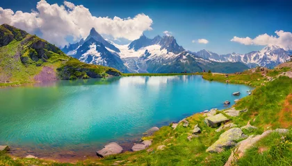 Photo sur Plexiglas Mont Blanc colorful summer panorama of the lac blanc lake with mont blanc monte bianco on background